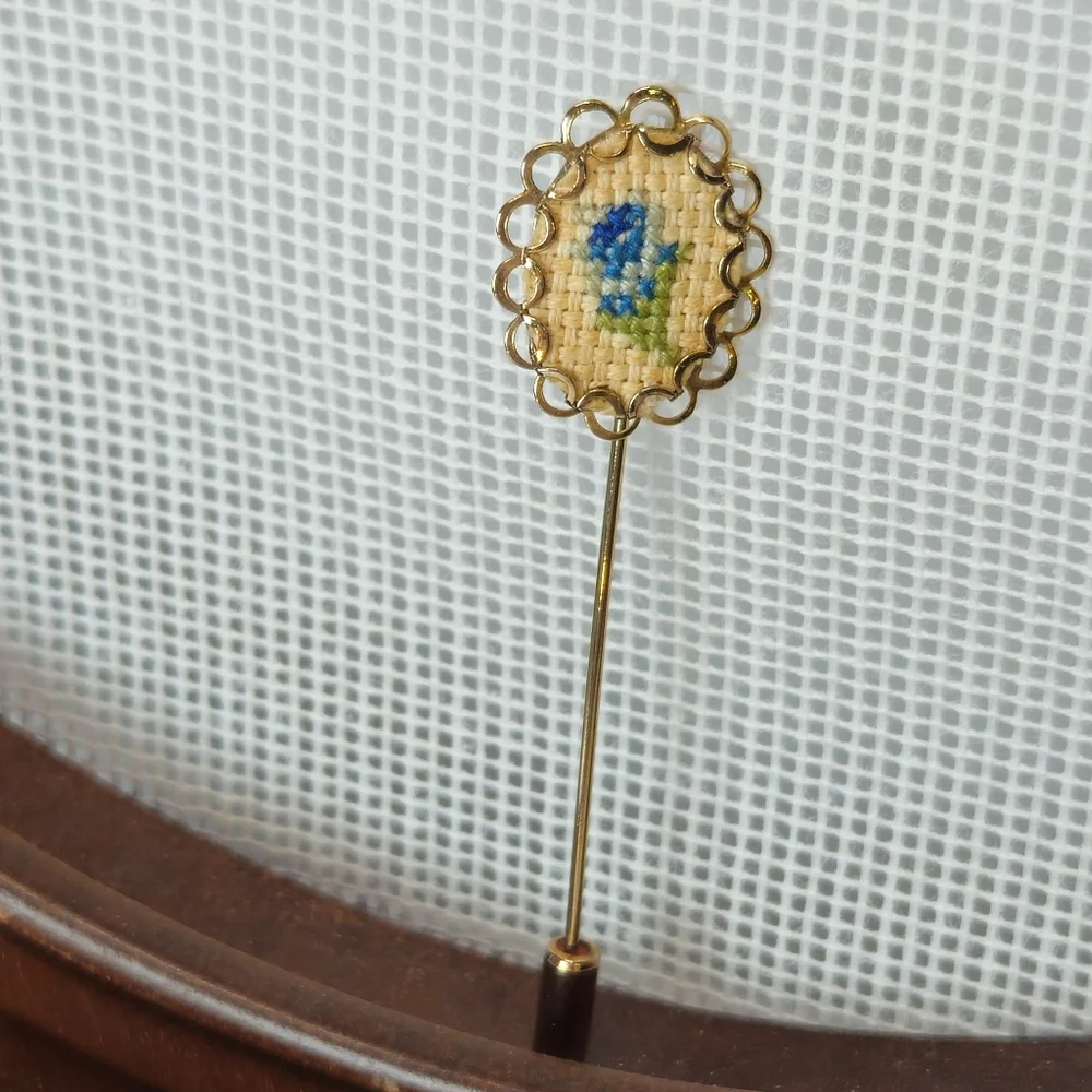 Vintage Blue Flower Cross Stitch Stick Pin Gold Tone